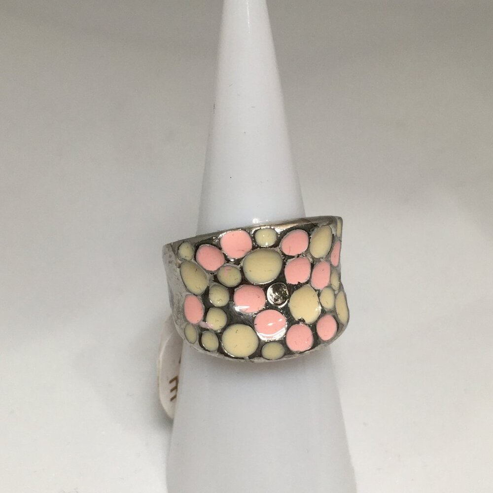 NEW Ivory Pink Polka Dot Bubble Enamel Lacquer Silver Ring